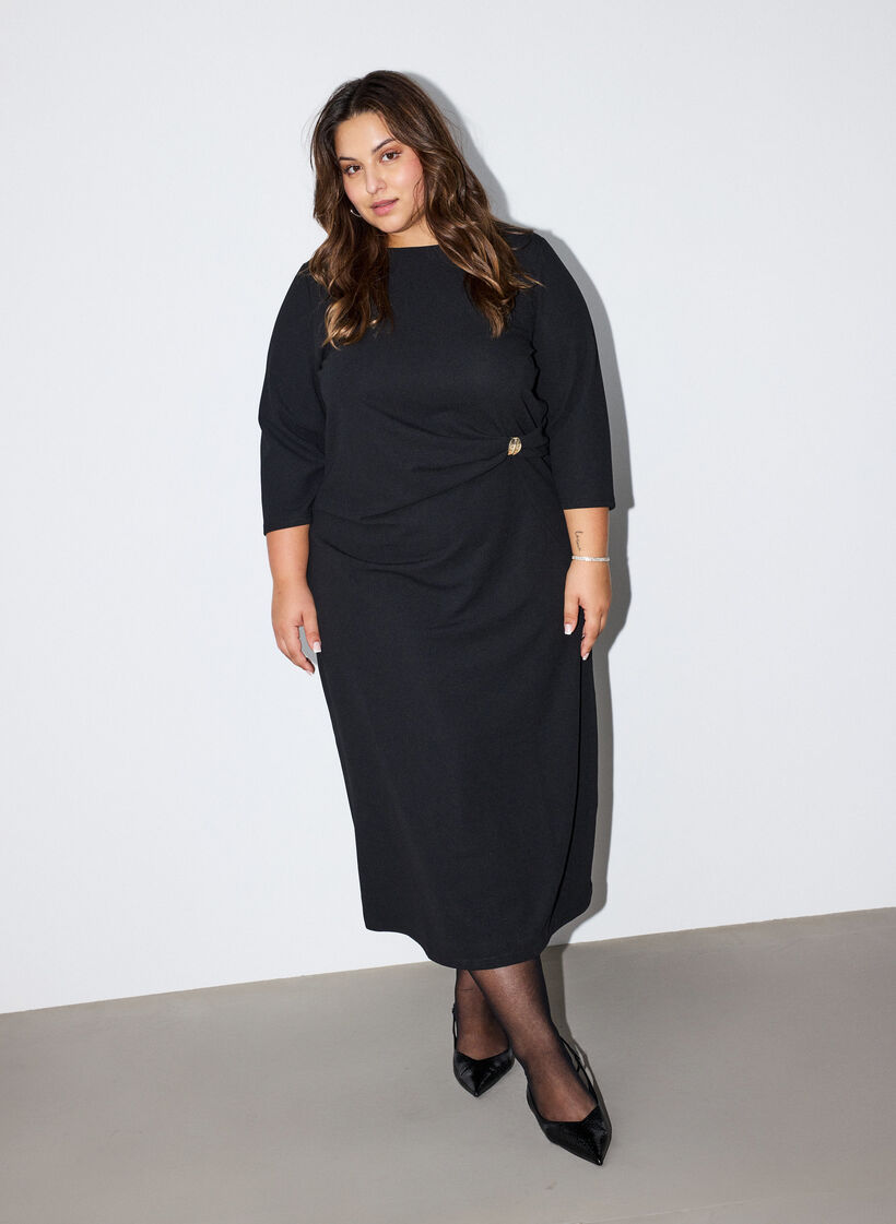 Jerseykjole med drapering og dekorativ spenne, Svart, Model image number 0