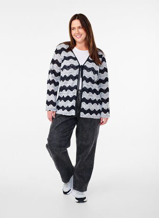 Zizzi Strikket cardigan med bølgemønster, Black Stripe, Model image number 2