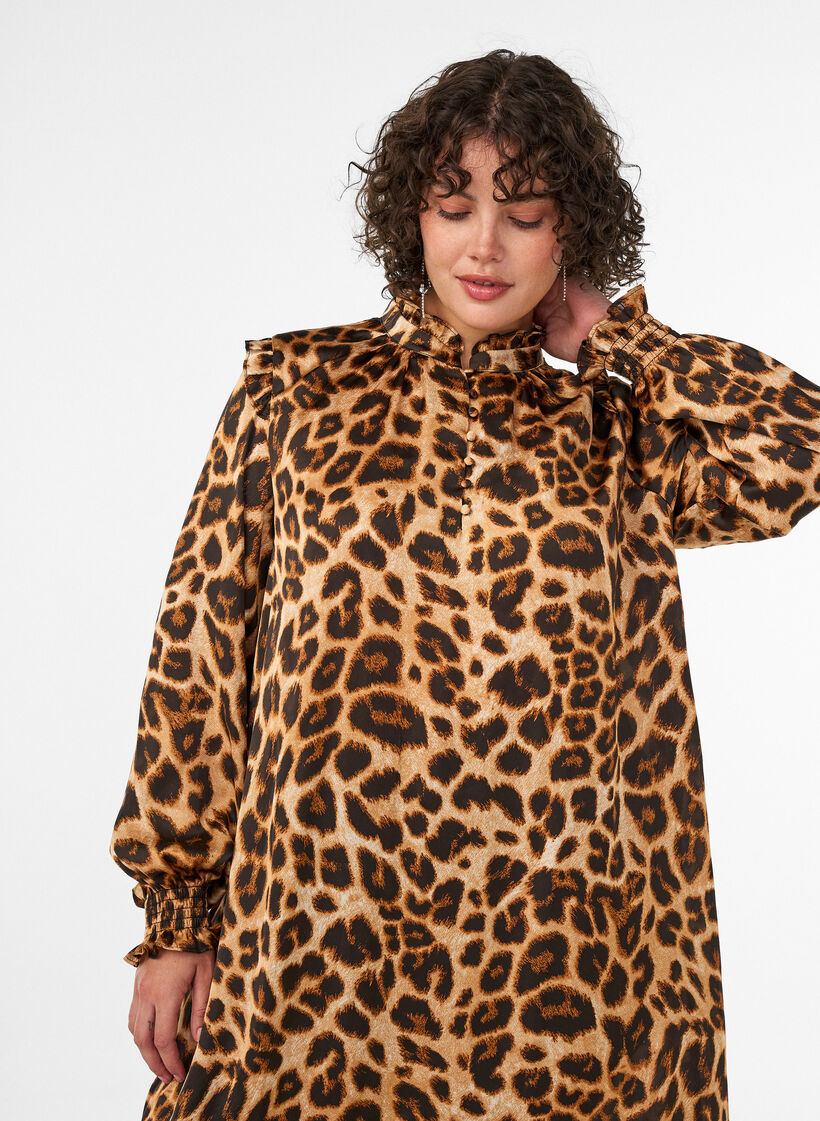 Kjole med leopardtrykk og volangdetaljer, Brun, Model image number 2
