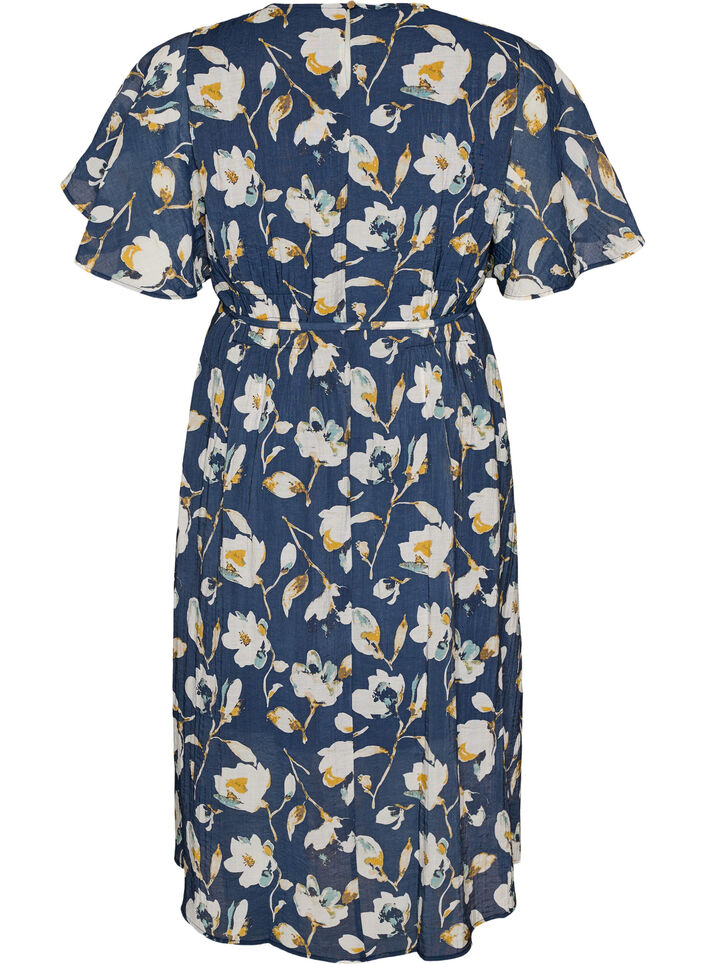 Ankellang kjole med flagrende ermer og knytebelte, Bl&aring;, Packshot image number 1