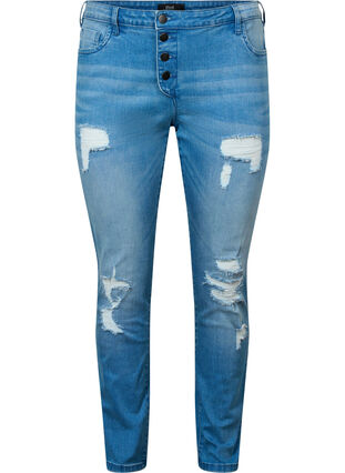 Ripped Emily jeans med normal høyde i livet, Blue denim, Packshot image number 0
