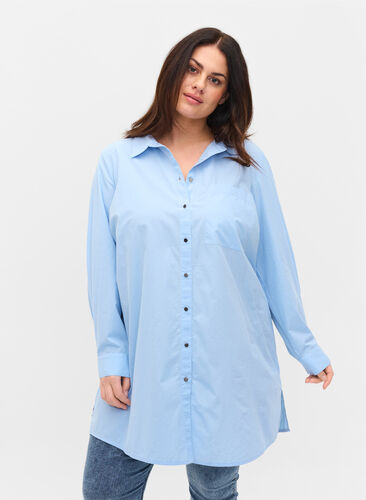 Lang bomullsskjorte med krage og knappelukking, Chambray Blue, Model image number 1