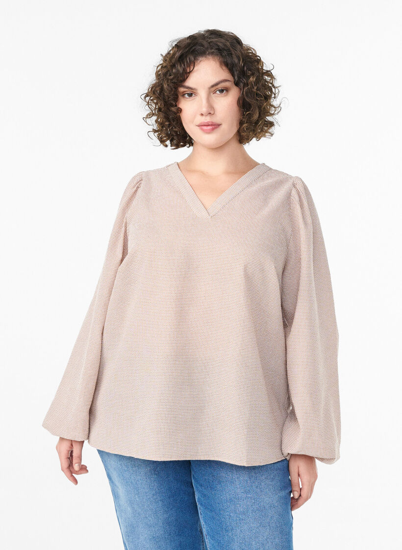 Bluse med v-hals og små ruter, Beige, Model image number 0