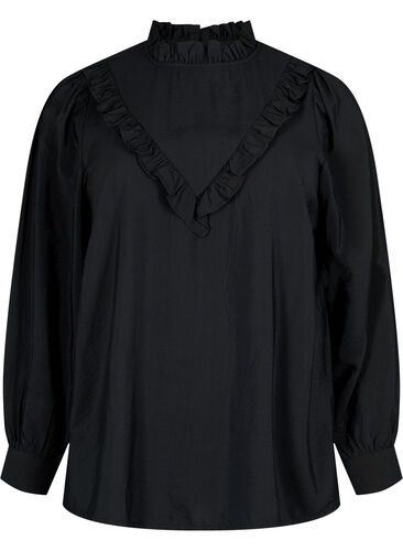 Bluse i viskose med volanger, Black, Packshot image number 0