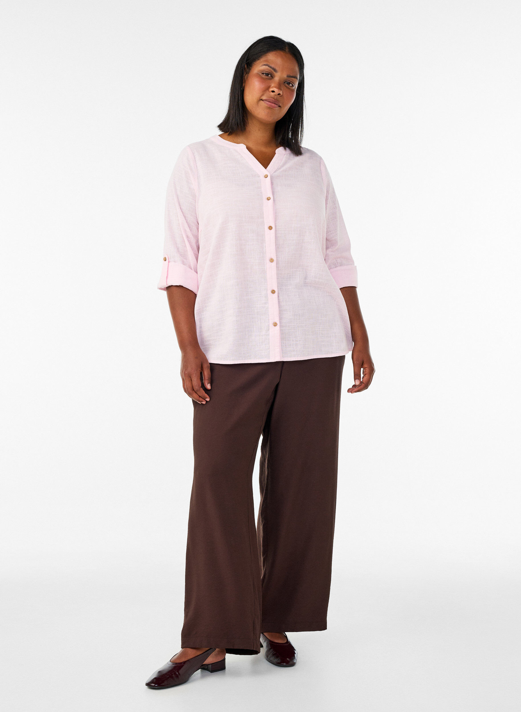 ZizziBomullsbluse med V-hals, Rosa, Model image number 1