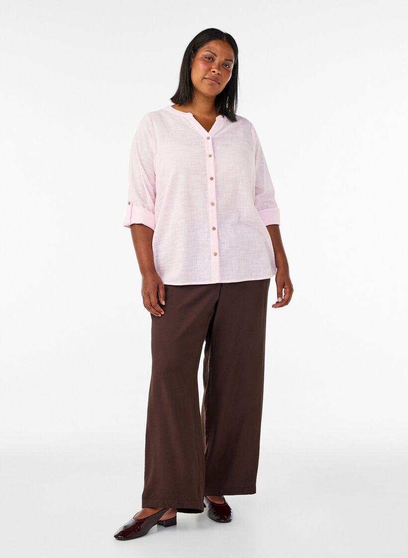 Bomullsbluse med V-hals, Rosa, Model image number 1