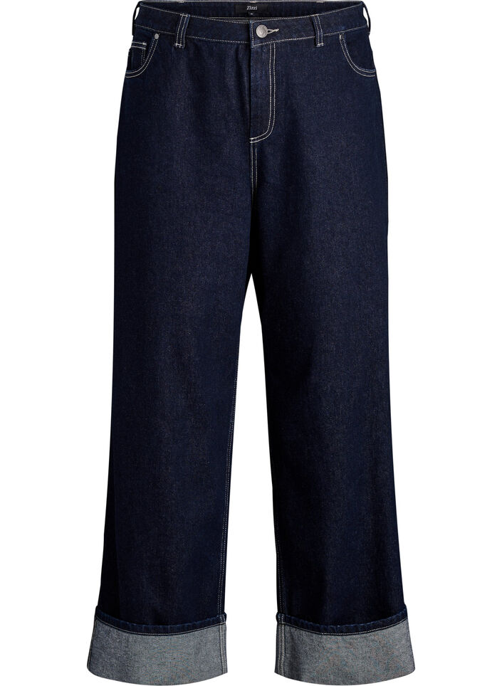 Wide fit jeans med brede oppbrett og kontrasts&oslash;m, Bl&aring;, Packshot image number 0