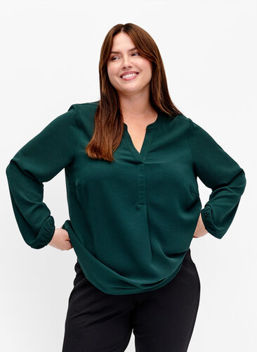 Ensfarget bluse med V-hals, Scarab, Model image number 0