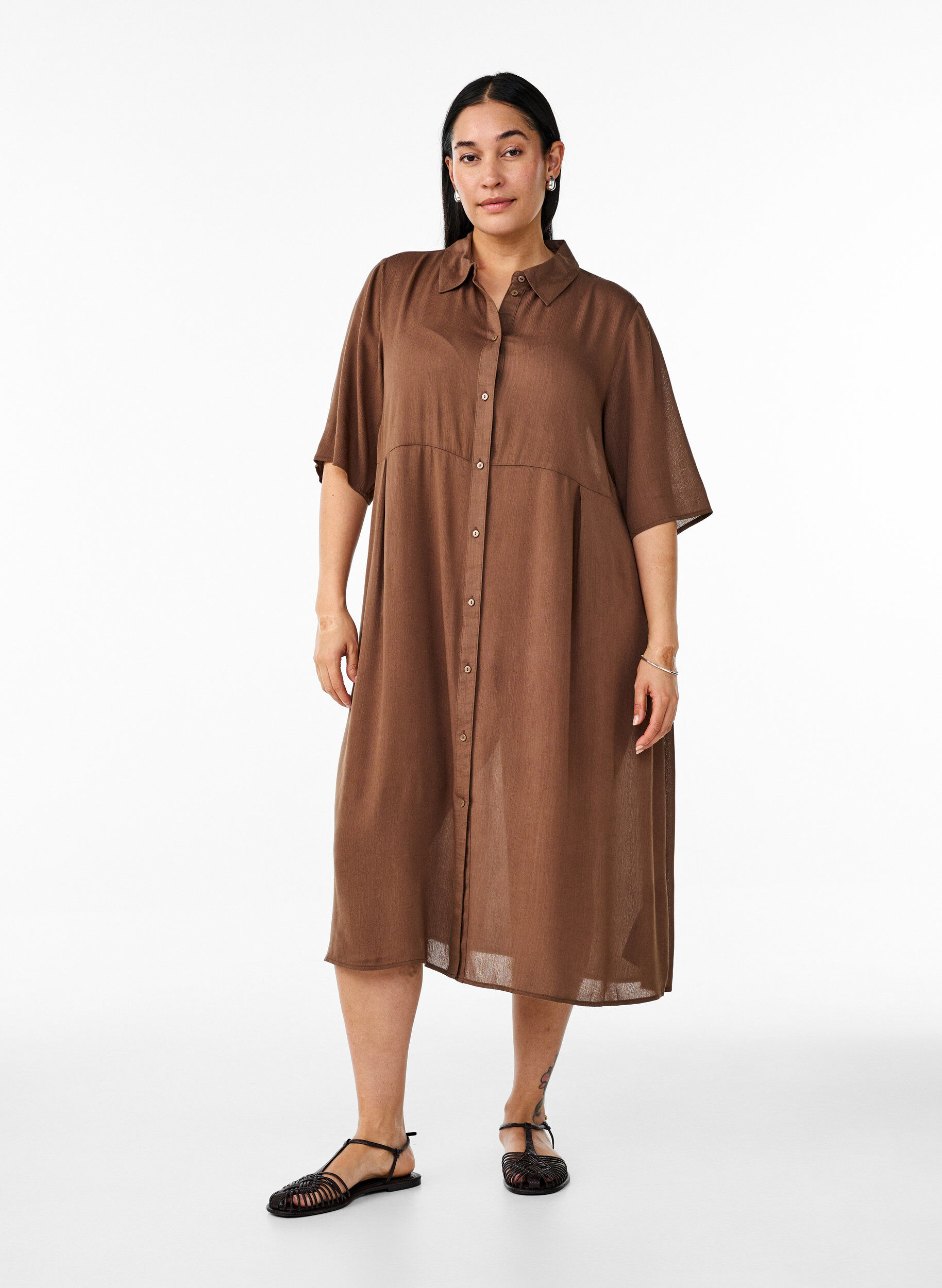 Zizzi Midiskjortekjole med korte ermer, Gr&oslash;nn, Model image number 1