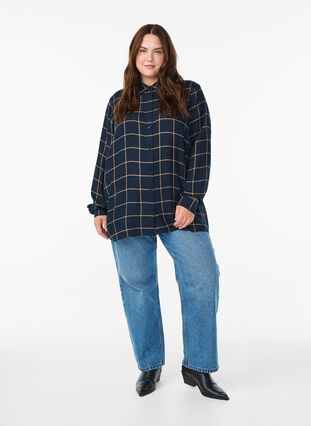 Zizzi Rutete oversized bomullsskjorte, Blå, Model image number 1