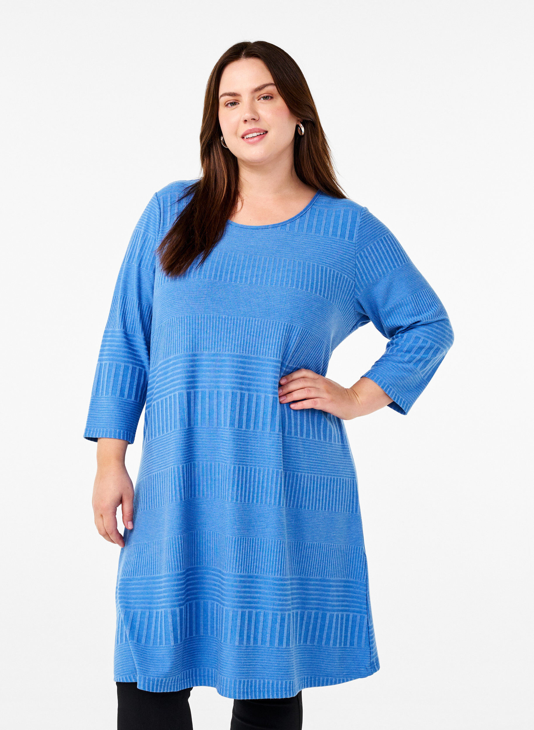 Zizzi Kjole med 3/4-lange ermer og stripem&oslash;nster, Princess Blue Mel., Model image number 0