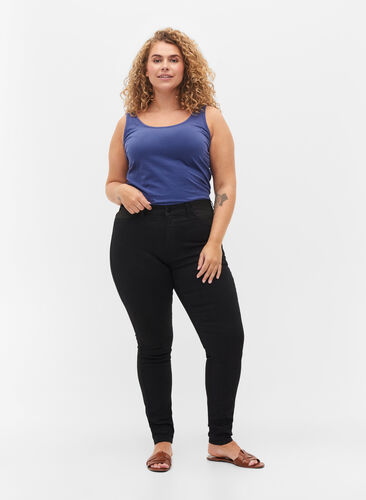 Super slim Amy jeans med strikk i livet, Black, Model image number 0