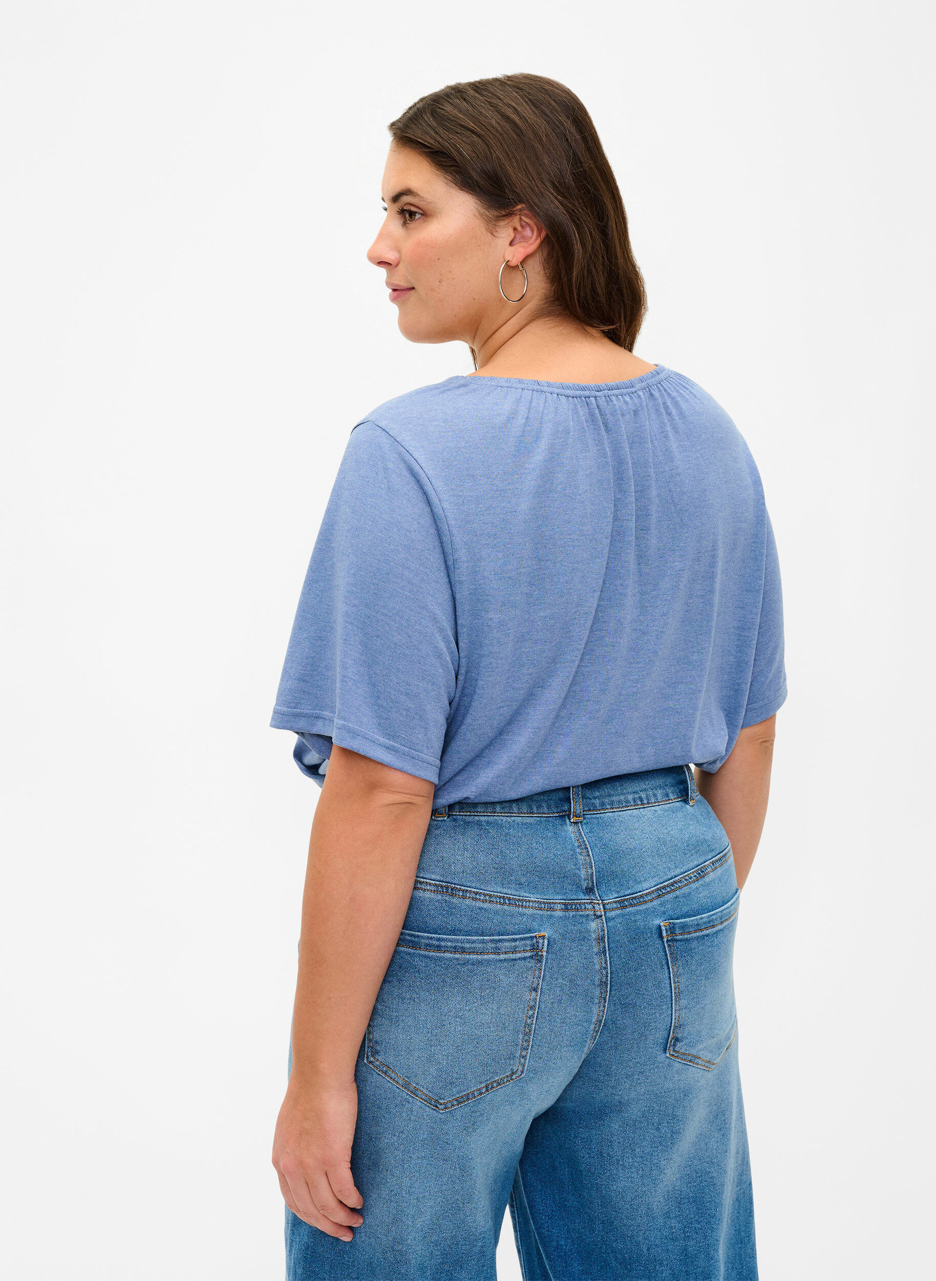 Zizzi Melange Bluse med korte ermer, Moonlight Blue Mel., Model image number 1