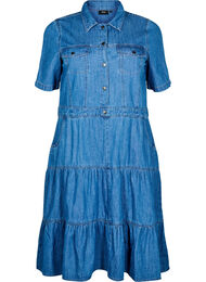 Midikjole i denim med knapper og korte ermer, Blue Denim