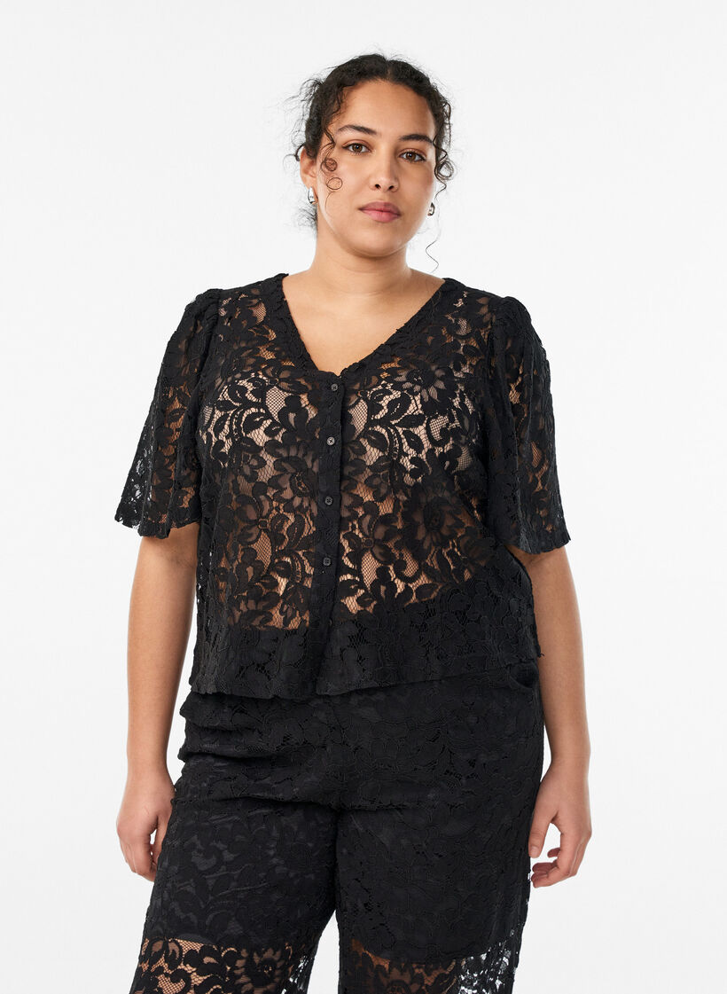 Kortermet bluse med blonder og V-hals, Svart, Model image number 0