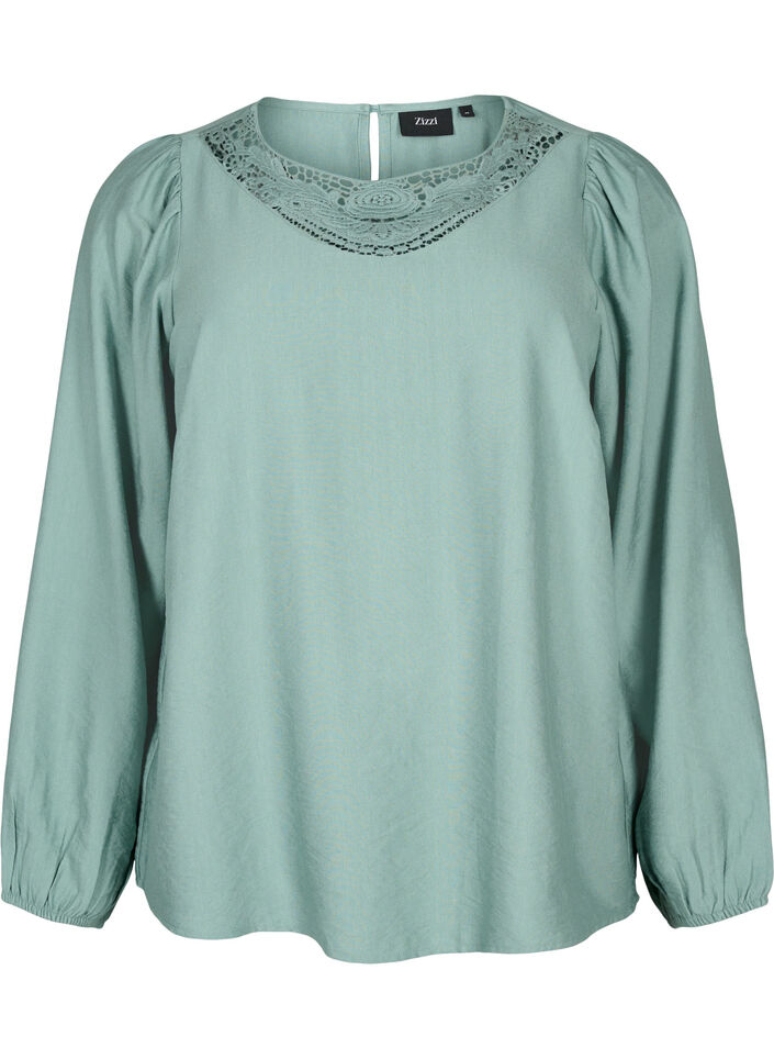 Bluse i viskose med heklede detaljer, Chinois Green, Packshot image number 0