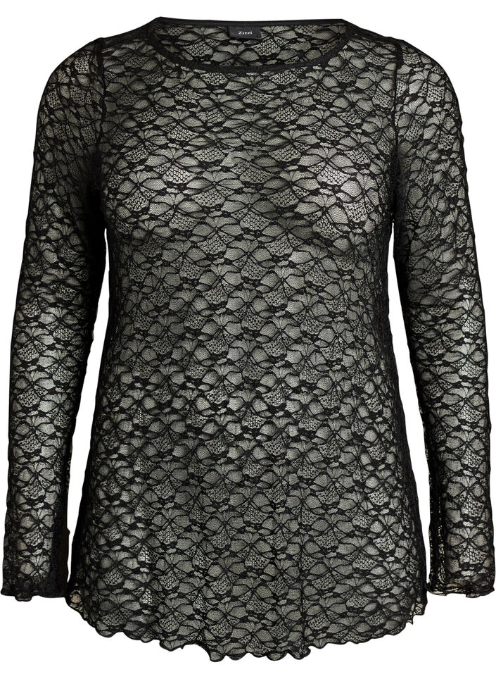 Gjennomsiktig bluse med blonder og lange ermer, Svart, Packshot image number 0
