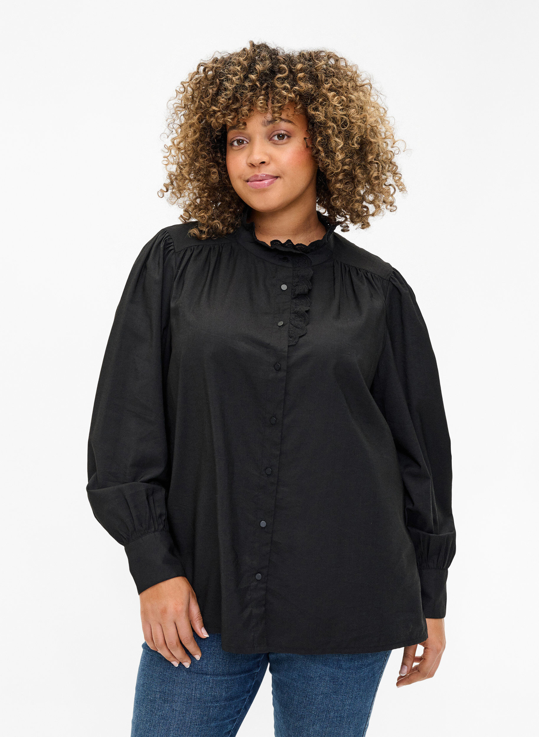 Zizzi Viscose skjorte Bluse med ruffles, Black, Model image number 0