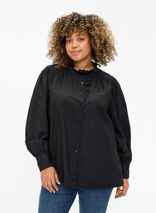 Viscose skjorte Bluse med ruffles, Black, Model image number 0