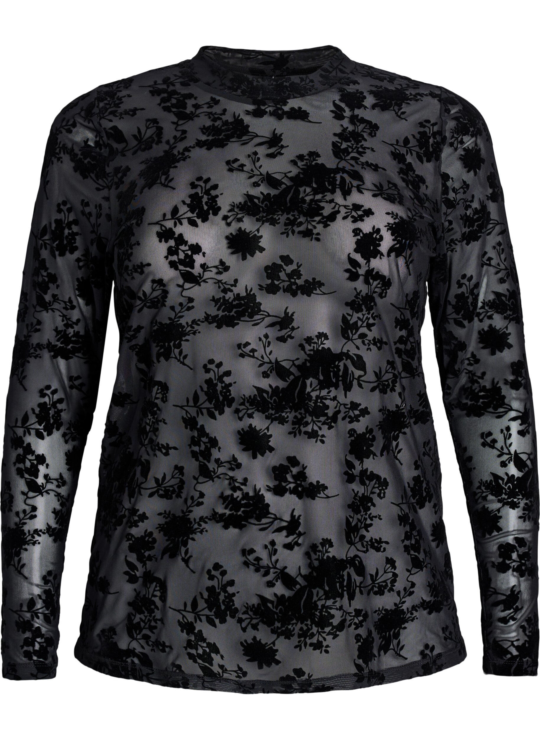 ZizziBluse i mesh med blomstertrykk, Svart, Packshot image number 0