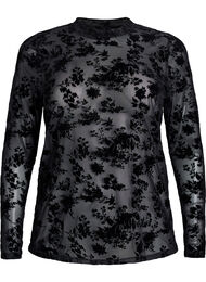 Bluse i mesh med blomstertrykk, Svart