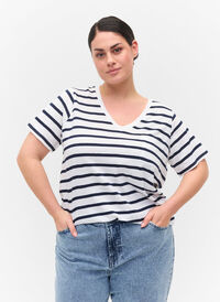 Stripete T-skjorte i bomull med V-hals, White Navy B Stripe, Model