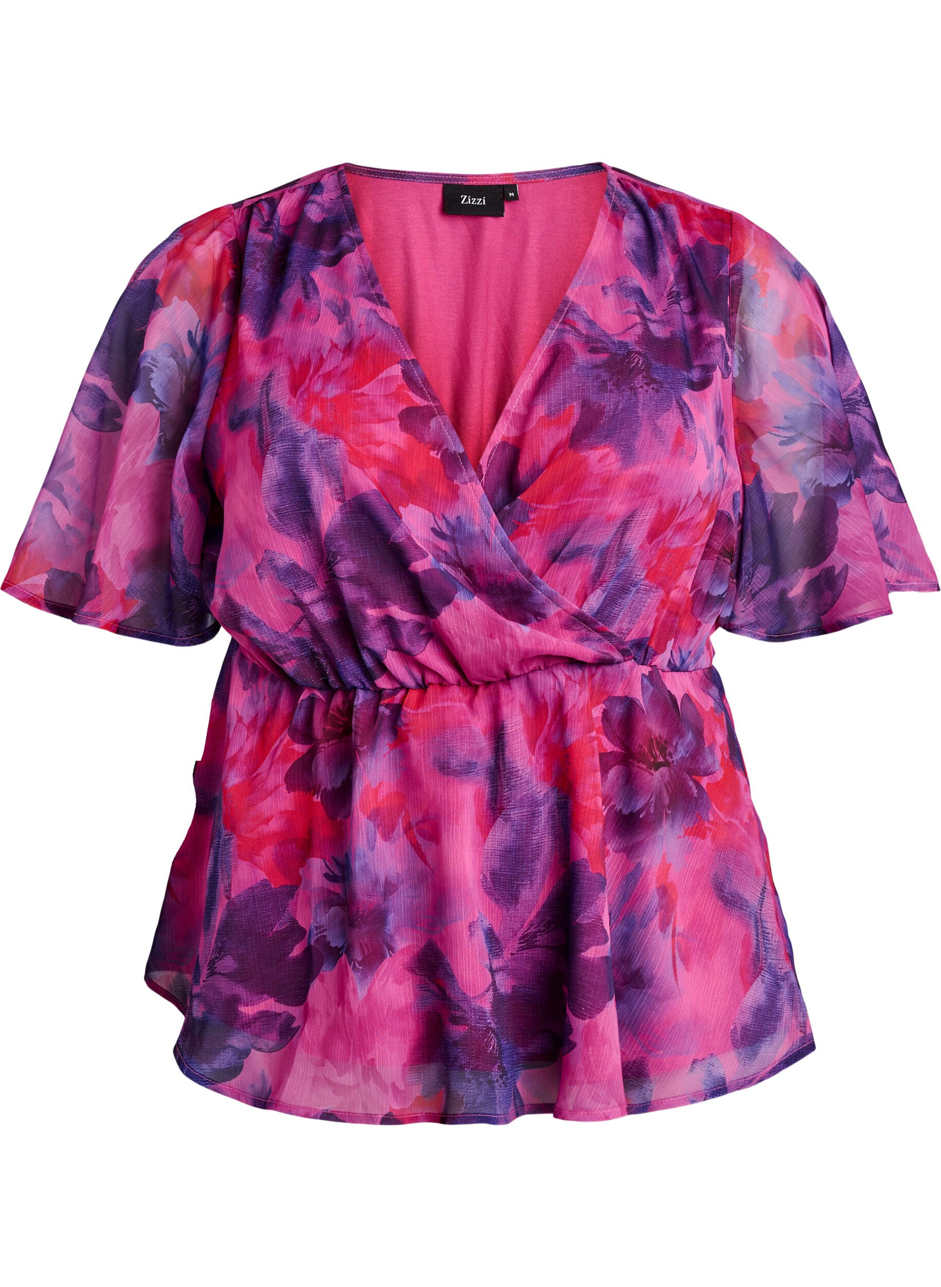 Zizzi Bluse i blomstrete chiffon med korte ermer, R&oslash;d, Packshot image number 0