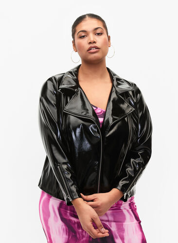 Wet look bikerjakke, Black, Model image number 2