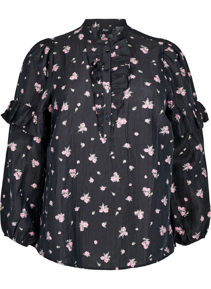 Blomstret bluse i lyocell, Svart, Packshot image number 0