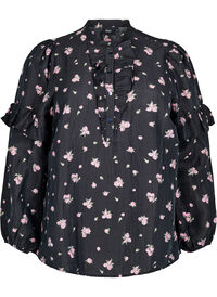Blomstret bluse i lyocell, Svart Blomstret bluse i lyocell