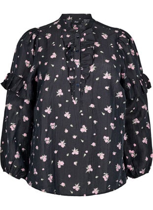 Zizzi Blomstret bluse i lyocell, Svart, Packshot image number 0