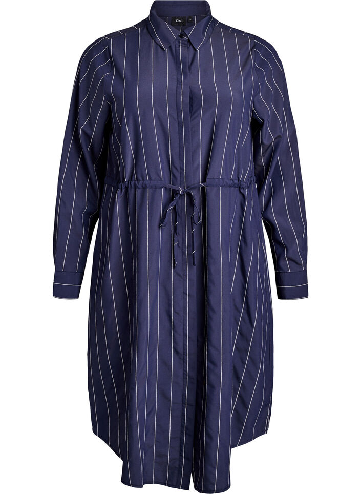 Lang skjorte med n&aring;lestriper og et knytebelte, Bl&aring;, Packshot image number 0