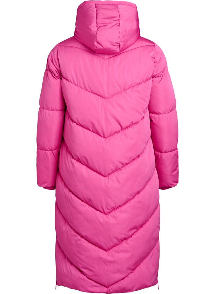 Lang pufferjakke med hette og lommer, Rosa, Packshot image number 1