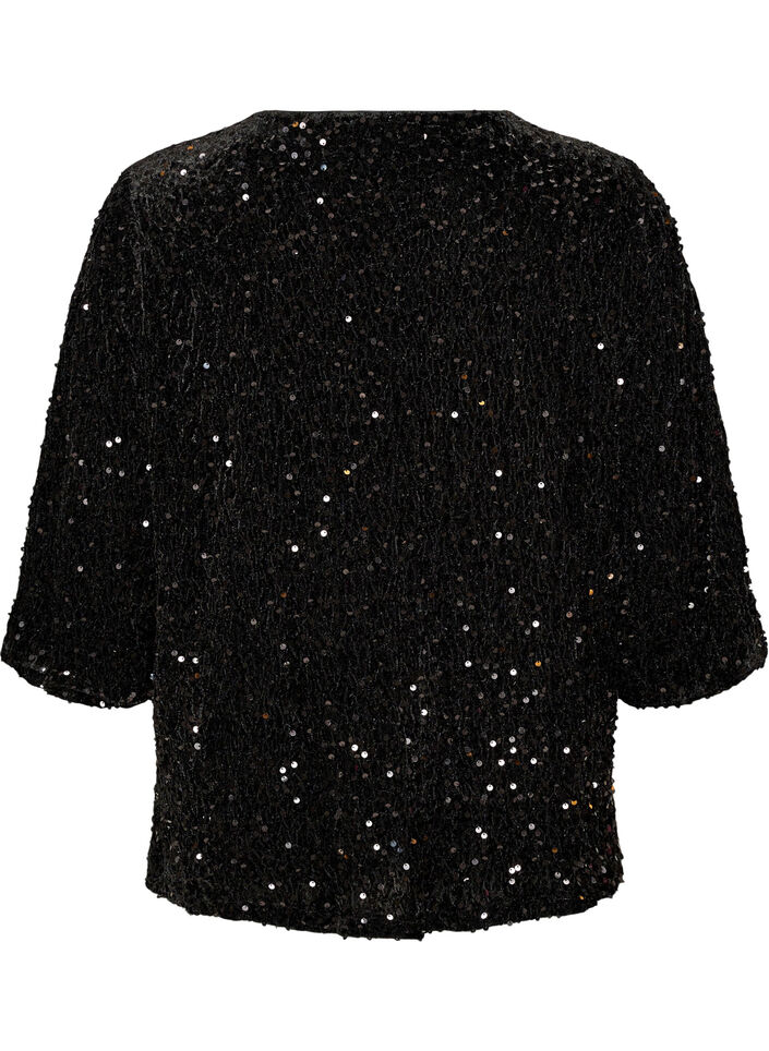 Cardigan med paljetter og 3/4-ermer, Svart, Packshot image number 1