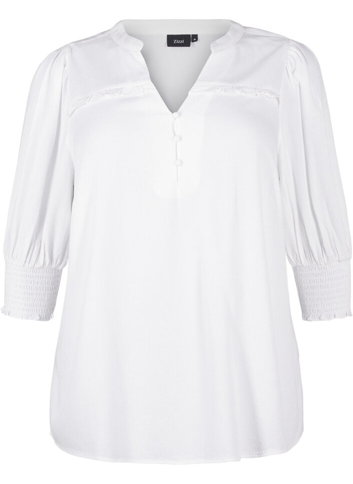 Viskosebluse med vaffelsøm og rysjedetaljer, Bright White, Packshot image number 0