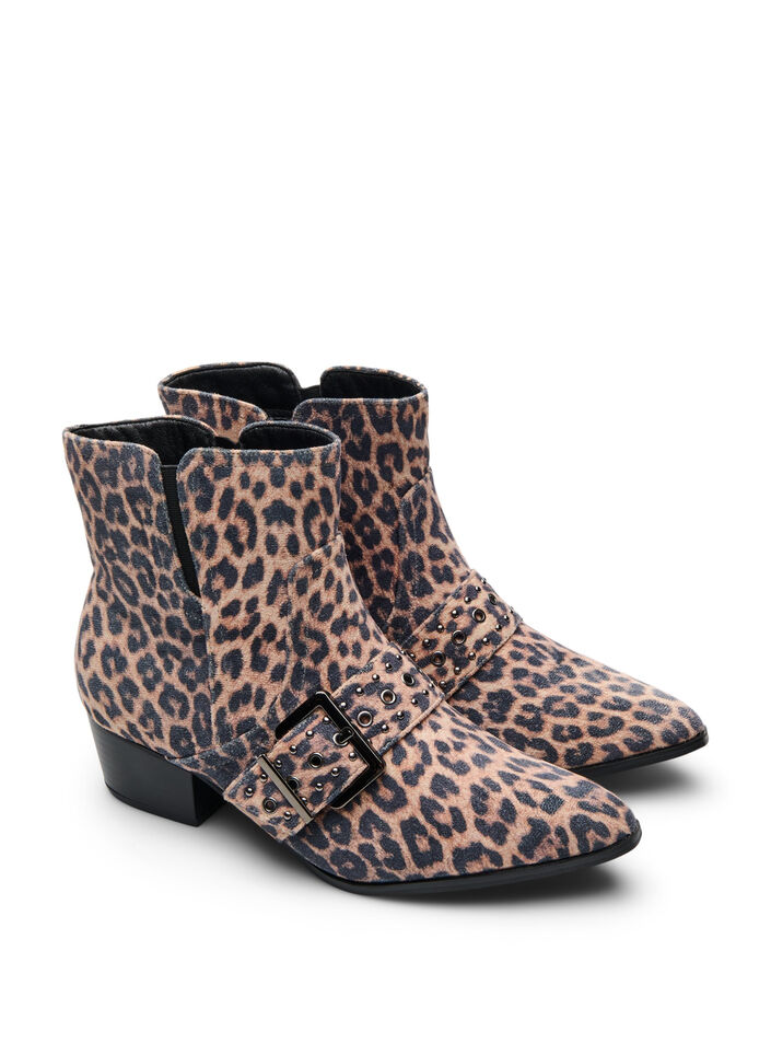 Wide fit - Leopard-mønstret ankelstøvel med spenne og nagler, Leopard AOP, Packshot