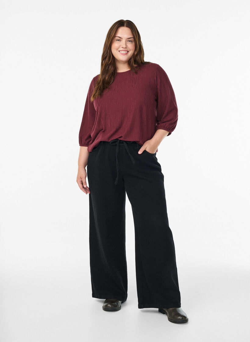 Bluse med tekstur og 3/4 ermer, Rød, Model image number 1