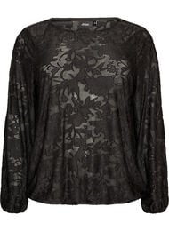 Gjennomsiktig bluse med blomstertekstur og lange ermer, Svart