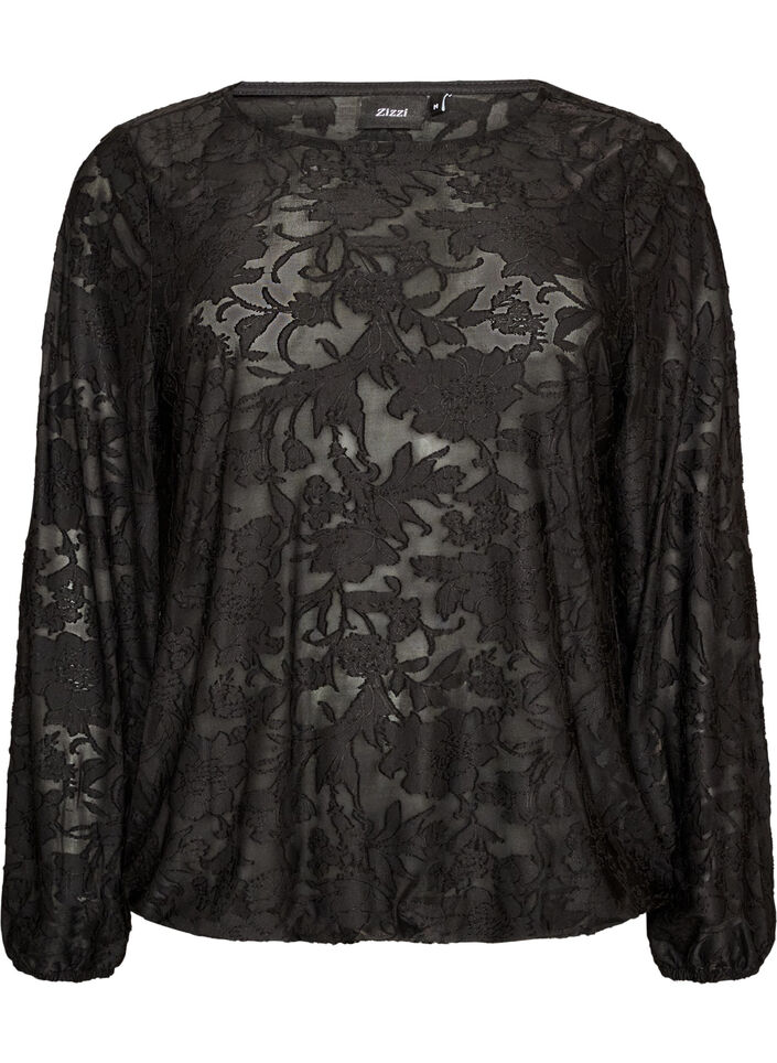 Gjennomsiktig bluse med blomstertekstur og lange ermer, Svart, Packshot image number 0
