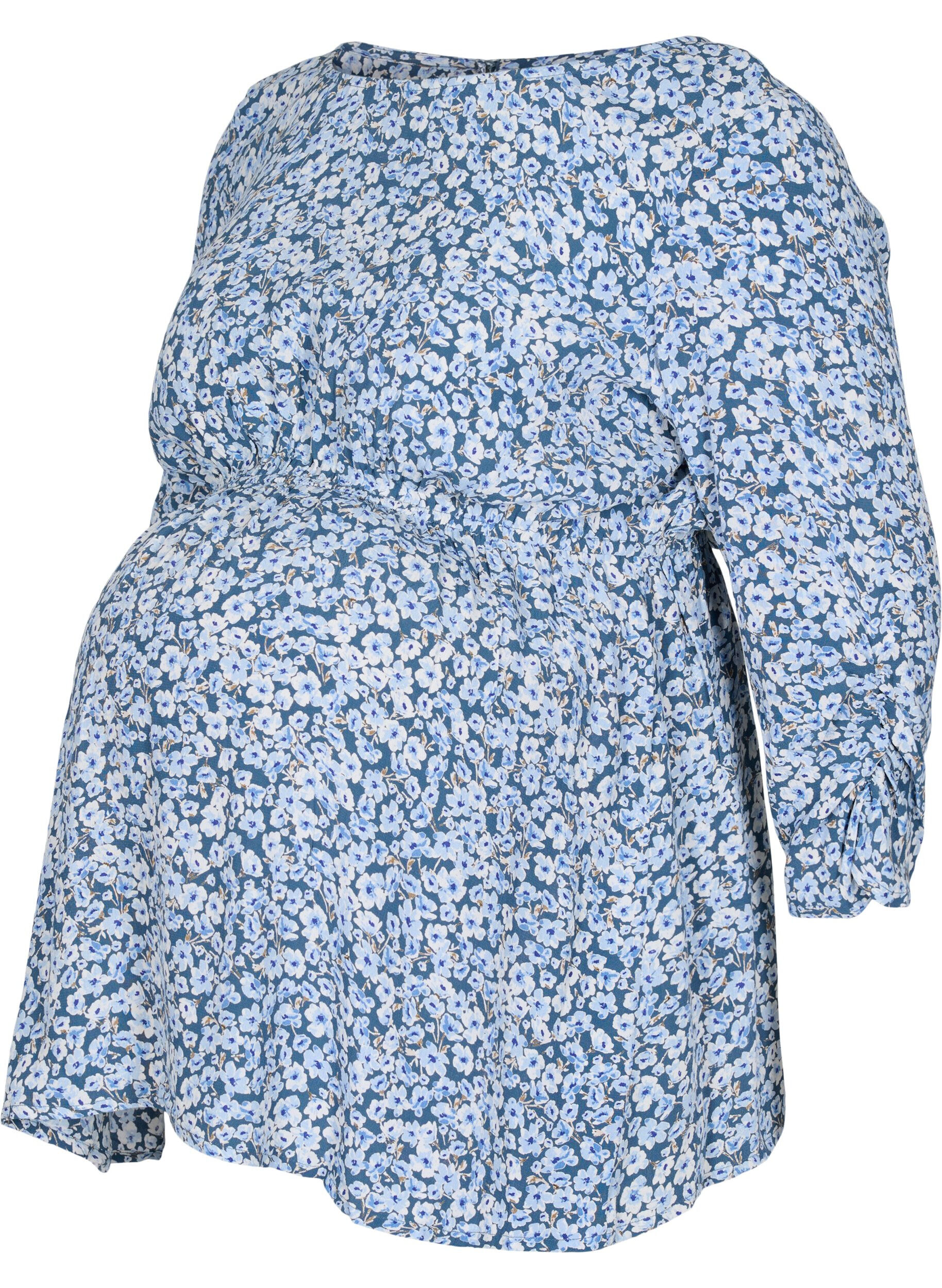 Zizzi Viskosebluse til gravide med blomsterm&oslash;nster, Blue Flower AOP, Packshot image number 0