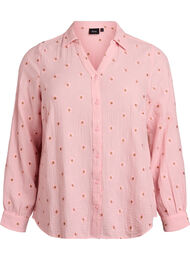 Langermet bluse i bomullsmusselin med broderte motiver, Rosa