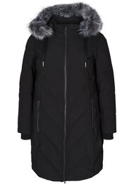 Vinterjakke med avtagbar hette og stor imitert pelskrave, Black