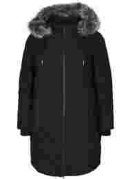 Vinterjakke med avtagbar hette og stor imitert pelskrave, Black