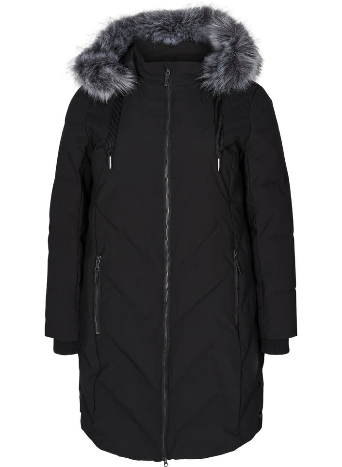 Vinterjakke med avtagbar hette og stor imitert pelskrave, Black, Packshot image number 0