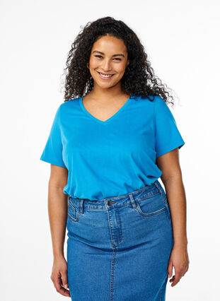 Zizzi FLASH - V-hals T-skjorte, Blå, Model image number 0