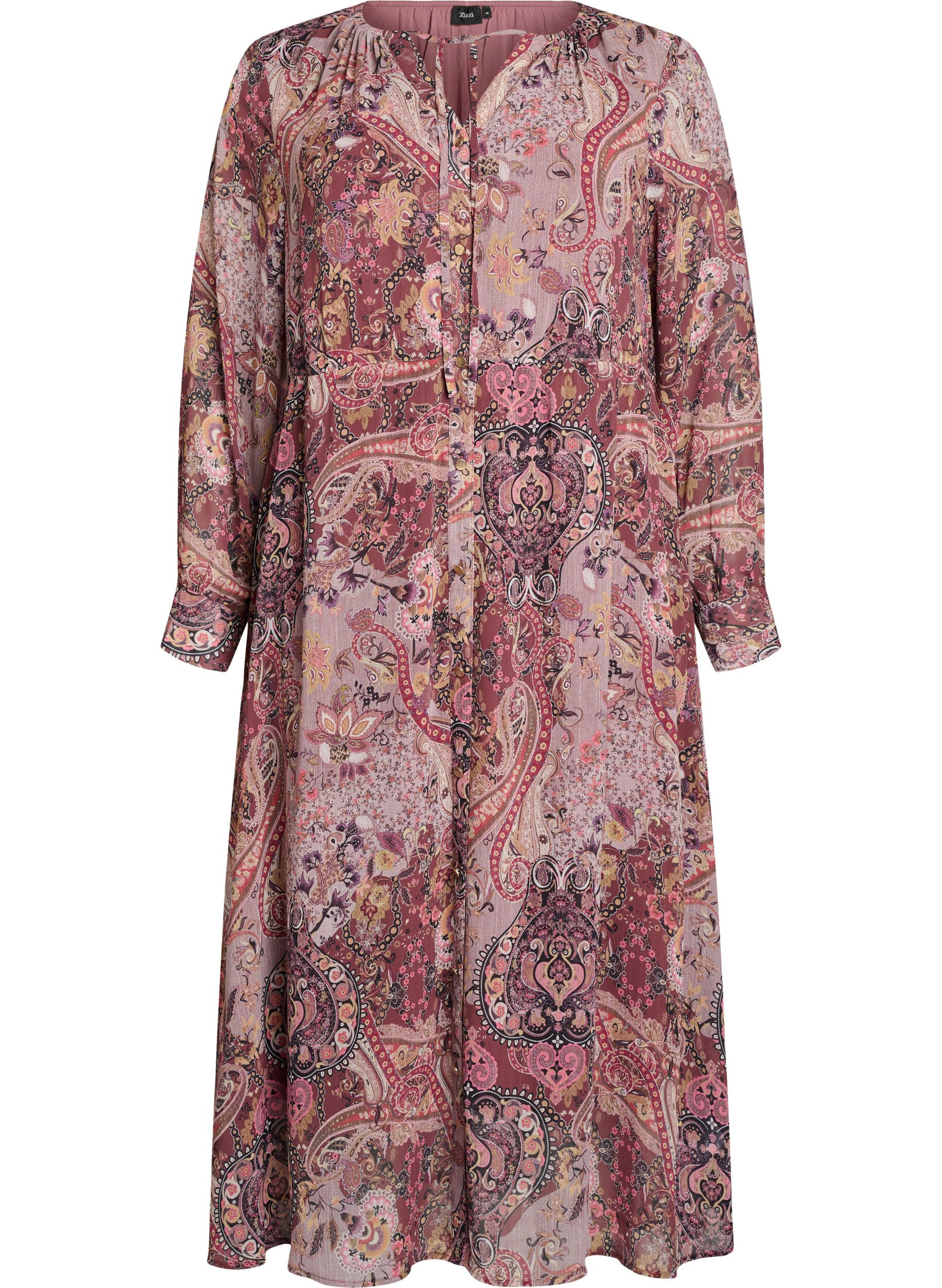 Midikjole med paisley-trykk og elastisk midje