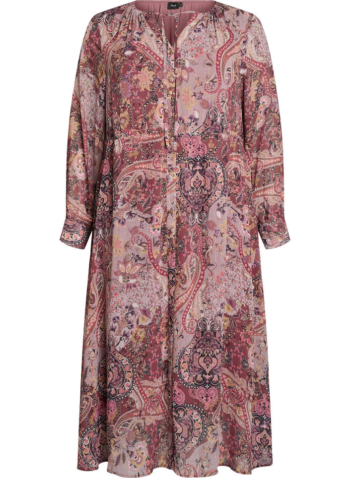 Midikjole med paisley-trykk og elastisk midje, Lilla, Packshot image number 0