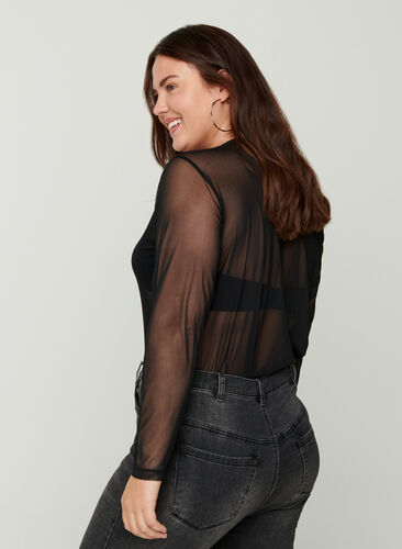 Tettsittende bluse i mesh, Black, Model image number 1