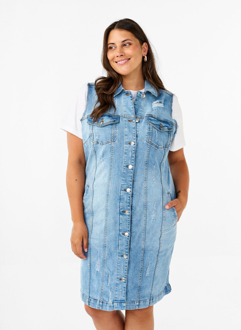 Ermeløs dongerikjole med råkantdetaljer, Light Blue Denim, Model image number 0