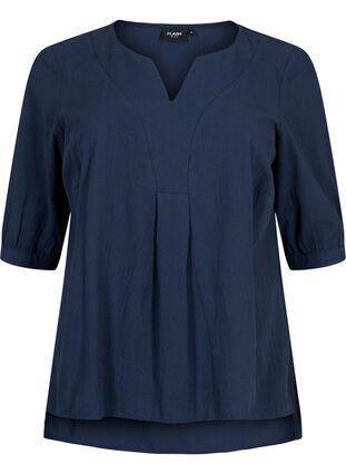 FLASH - Bluse i bomull med halvlange ermer, Navy Blazer, Packshot image number 0